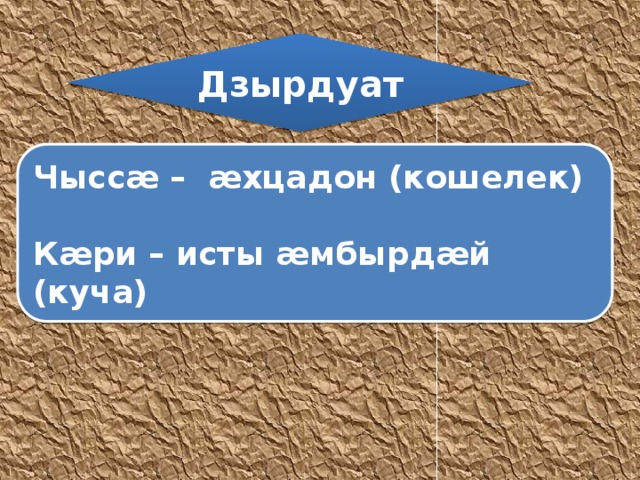 Дзырдуат Чыссæ – æхцадон (кошелек)  Кæри – исты æмбырдæй (куча) 