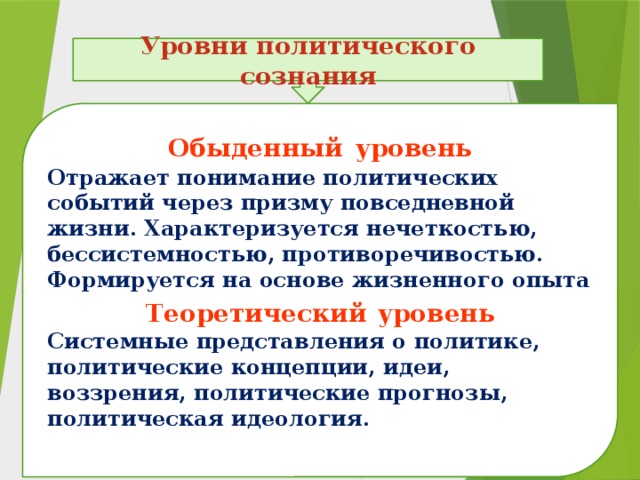 Уровни политического сознания Обыденный  уровень Отражает понимание политических событий через призму повседневной жизни. Характеризуется нечеткостью, бессистемностью, противоречивостью. Формируется на основе жизненного опыта  Теоретический  уровень Системные представления о политике, политические концепции, идеи, воззрения, политические прогнозы, политическая идеология.  