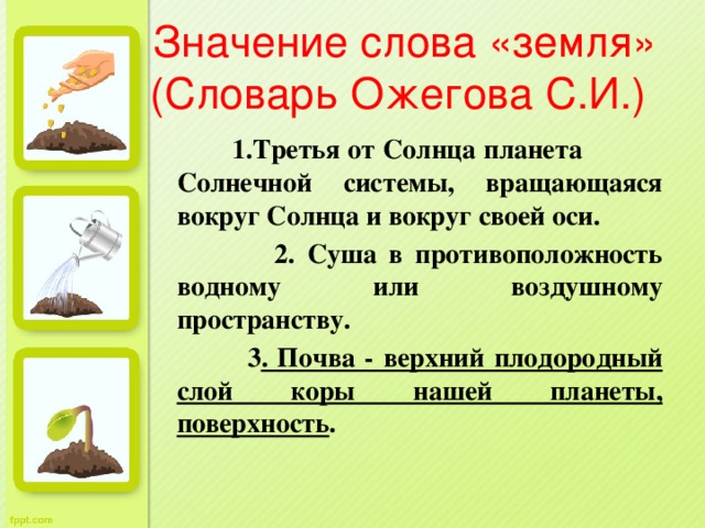 Значение слова «земля»  (Словарь Ожегова С.И.)  1.Третья от Солнца планета Солнечной системы, вращающаяся вокруг Солнца и вокруг своей оси.   2. Суша в противоположность водному или воздушному пространству.  3 . Почва - верхний плодородный слой коры нашей планеты, поверхность .