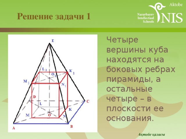  Решение задачи 1  Четыре вершины куба находятся на боковых ребрах пирамиды, а остальные четыре – в плоскости ее основания. 