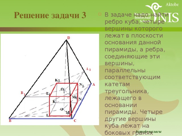 Решение задачи 3 В задаче надо найти ребро куба, четыре вершины которого лежат в плоскости основания данной пирамиды, а ребра, соединяющие эти вершины, параллельны соответствующим катетам треугольника, лежащего в основании пирамиды. Четыре другие вершины куба лежат на боковых гранях данной пирамиды 
