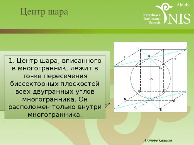 Центр шара 1. Центр шара, вписанного в многогранник, лежит в точке пересечения биссекторных плоскостей всех двугранных углов многогранника. Он расположен только внутри многогранника. 