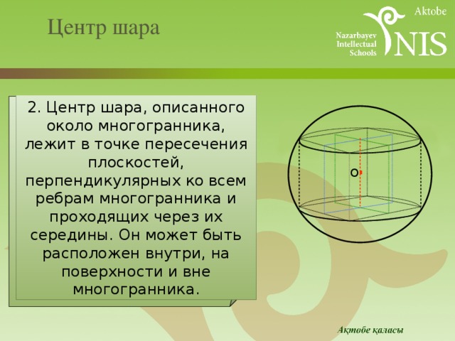 Центр шара 2. Центр шара, описанного около многогранника, лежит в точке пересечения плоскостей, перпендикулярных ко всем ребрам многогранника и проходящих через их середины. Он может быть расположен внутри, на поверхности и вне многогранника. . О 