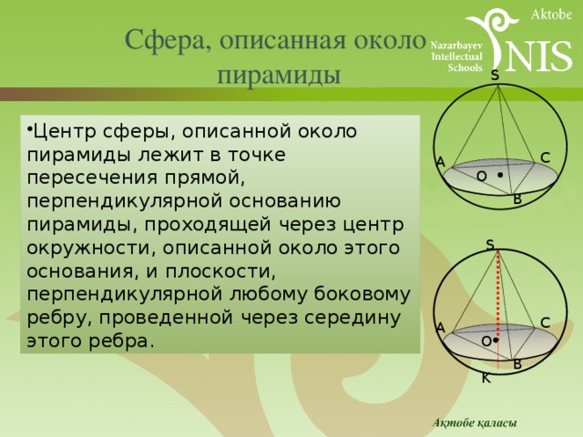 Сфера, описанная около пирамиды S Центр сферы, описанной около пирамиды лежит в точке пересечения прямой, перпендикулярной основанию пирамиды, проходящей через центр окружности, описанной около этого основания, и плоскости, перпендикулярной любому боковому ребру, проведенной через середину этого ребра. C A O B S C A O B K 