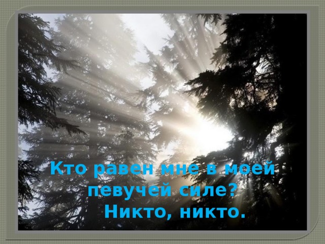 Кто равен мне в моей певучей силе?      Никто, никто.   