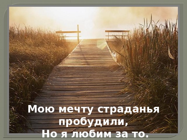 Мою мечту страданья пробудили,      Но я любим за то.   