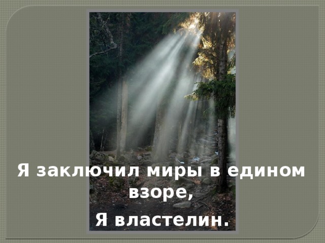 Я заключил миры в едином взоре,      Я властелин.    