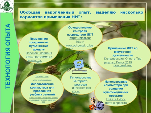 ТЕХНОЛОГИЯ ОПЫТА Обобщая накопленный опыт, выделяю несколько вариантов применения НИТ: Осуществление контроля посредством ИКТ http://uztest.ru/ http :// www.uchportal.ru/load/287 тесты Применение программных мультимедиа средств Перечень применяемых программных продуктов. docx Применение ИКТ во внеурочной деятельности Конференция.Юность.Творчество.Поиск.2015 классный час Использование Интернет-ресурсов Использование компьютера для проведения учебных занятий Использование компьютера при создании мультимедийных проектов ПРОЕКТ. docx фото с проекта интернет-ресурсы. docx 