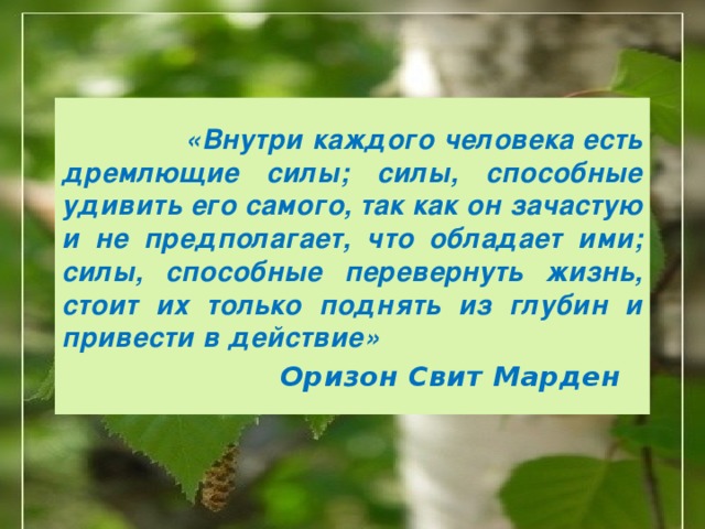  «Внутри каждого человека есть дремлющие силы; силы, способные удивить его самого, так как он зачастую и не предполагает, что обладает ими; силы, способные перевернуть жизнь, стоит их только поднять из глубин и привести в действие»  Оризон Свит Марден 