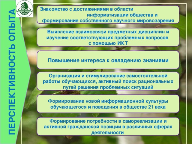 ПЕРСПЕКТИВНОСТЬ ОПЫТА Знакомство с достижениями в области информатизации общества и формирование собственного научного мировоззрения Выявление взаимосвязи предметных дисциплин и изучение соответствующих проблемных вопросов с помощью ИКТ Повышение интереса к овладению знаниями Организация и стимулирование самостоятельной работы обучающихся, активный поиск рациональных путей решения проблемных ситуаций Формирование новой информационной культуры обучающегося и поведения в обществе 21 века Формирование потребности в самореализации и активной гражданской позиции в различных сферах деятельности 