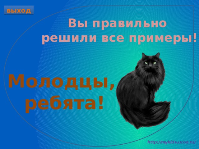 выход Вы правильно решили все примеры! Молодцы, ребята! 