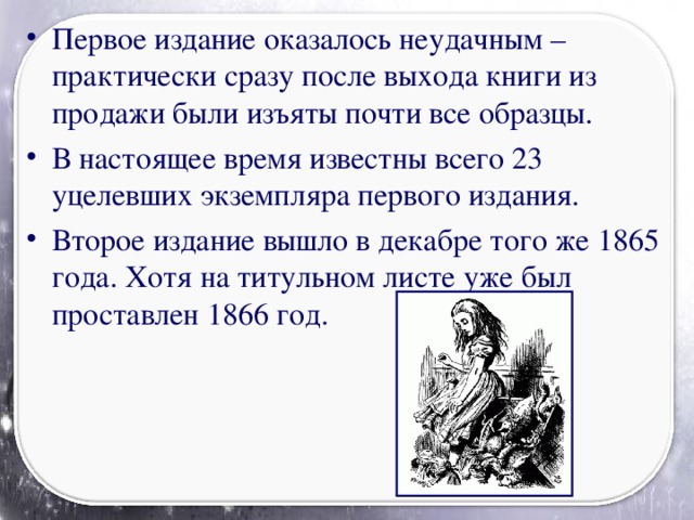 Первое издание оказалось неудачным – практически сразу после выхода книги из продажи были изъяты почти все образцы. В настоящее время известны всего 23 уцелевших экземпляра первого издания. Второе издание вышло в декабре того же 1865 года. Хотя на титульном листе уже был проставлен 1866 год.