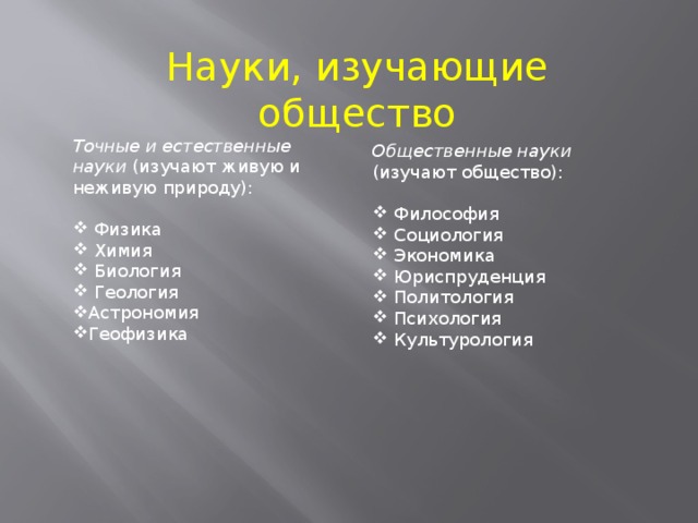 Науки, изучающие общество Точные и естественные науки (изучают живую и неживую природу):  Физика  Химия  Биология  Геология Астрономия Геофизика Общественные науки (изучают общество):  Философия  Социология  Экономика  Юриспруденция  Политология  Психология  Культурология 