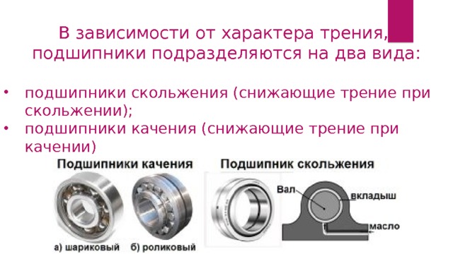 В зависимости от характера трения, подшипники подразделяются на два вида: подшипники скольжения (снижающие трение при скольжении); подшипники качения (снижающие трение при качении) 