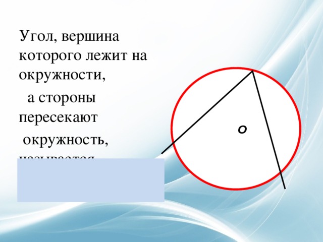    Угол, вершина которого лежит на окружности,  а стороны пересекают  окружность, называется…  вписанный  О  