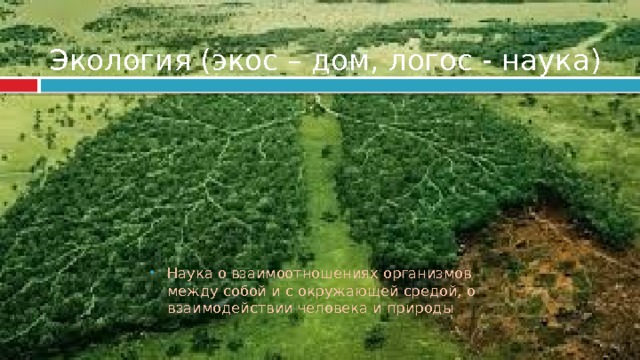 Экология (экос – дом, логос - наука) Наука о взаимоотношениях организмов между собой и с окружающей средой, о взаимодействии человека и природы Наука о взаимоотношениях организмов между собой и с окружающей средой, о взаимодействии человека и природы  