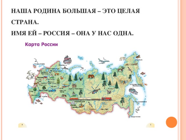 НАША РОДИНА БОЛЬШАЯ – ЭТО ЦЕЛАЯ СТРАНА.   ИМЯ ЕЙ – РОССИЯ – ОНА У НАС ОДНА.    