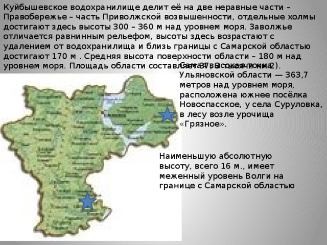 Куйбышевское водохранилище делит её на две неравные части – Правобережье – часть Приволжской возвышенности, отдельные холмы достигают здесь высоты 300 – 360 м над уровнем моря. Заволжье отличается равнинным рельефом, высоты здесь возрастают с удалением от водохранилища и близь границы с Самарской областью достигают 170 м . Средняя высота поверхности области – 180 м над уровнем моря. Площадь области составляет 37, 3 тысячи км 2). Наименьшую абсолютную высоту, всего 16 м., имеет меженный уровень Волги на границе с Самарской областью Самая высокая точка Ульяновской области — 363,7 метров над уровнем моря, расположена южнее посёлка Новоспасское, у села Суруловка, в лесу возле урочища «Грязное». 
