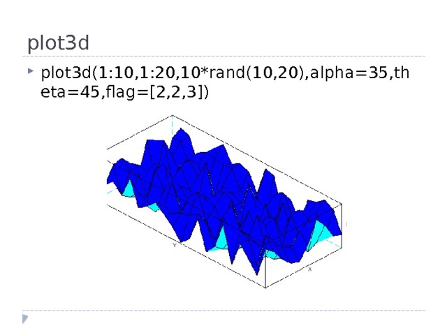 plot3d plot3d(1:10,1:20,10*rand(10,20),alpha=35,theta=45,flag=[2,2,3]) 