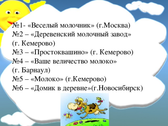 № 1- «Веселый молочник» (г.Москва)  №2 – «Деревенский молочный завод»  (г. Кемерово)  №3 – «Простоквашино» (г. Кемерово)  №4 – «Ваше величество молоко»  (г. Барнаул)  №5 – «Молоко» (г.Кемерово)  №6 – «Домик в деревне»(г.Новосибирск)   