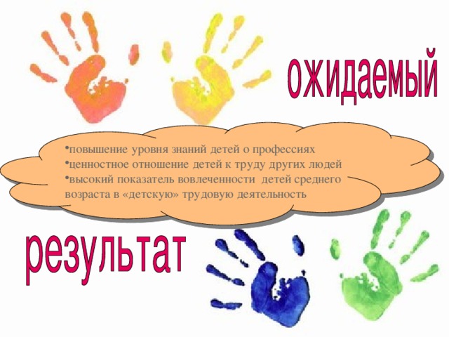 повышение уровня знаний детей о профессиях ценностное отношение детей к труду других людей высокий показатель вовлеченности детей среднего возраста в «детскую» трудовую деятельность 