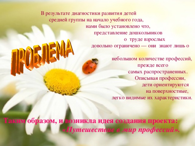 В результате диагностики развития детей  средней группы на начало учебного года,  нами было установлено что,  представление дошкольников  о труде взрослых  довольно ограничено — они знают лишь о  небольшом количестве профессий,  прежде всего  самых распространенных.  Описывая профессии,  дети ориентируются  на поверхностные,  легко видимые их характеристики. Заголовок слайда  Таким образом, и возникла идея создания проекта:   «Путешествие в мир профессий». 