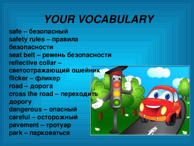 YOUR VOCABULARY safe – безопасный safety rules – правила безопасности seat belt – ремень безопасности reflective collar – светоотражающий ошейник flicker – фликер road – дорога  cross the road – переходить дорогу dangerous – опасный careful – осторожный pavement – тротуар park – парковаться   