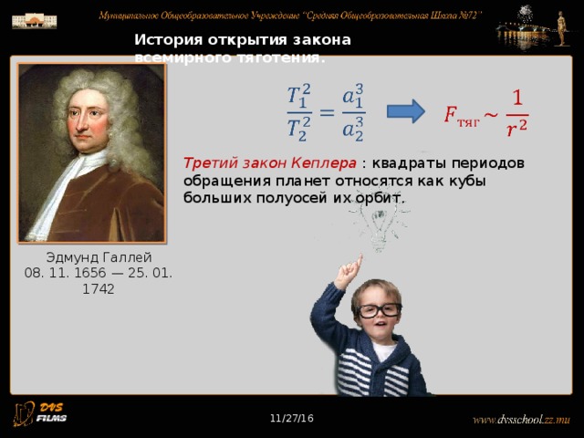11/27/16 История открытия закона всемирного тяготения.     Третий закон Кеплера  : квадраты периодов обращения планет относятся как кубы больших полуосей их орбит. Эдмунд Галлей 08. 11. 1656 — 25. 01. 1742 11/27/16 