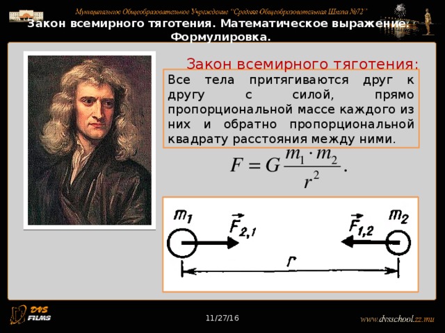 11/27/16 Закон всемирного тяготения. Математическое выражение. Формулировка. Закон всемирного тяготения: Все тела притягиваются друг к другу с силой, прямо пропорциональной массе каждого из них и обратно пропорциональной квадрату расстояния между ними. 11/27/16 