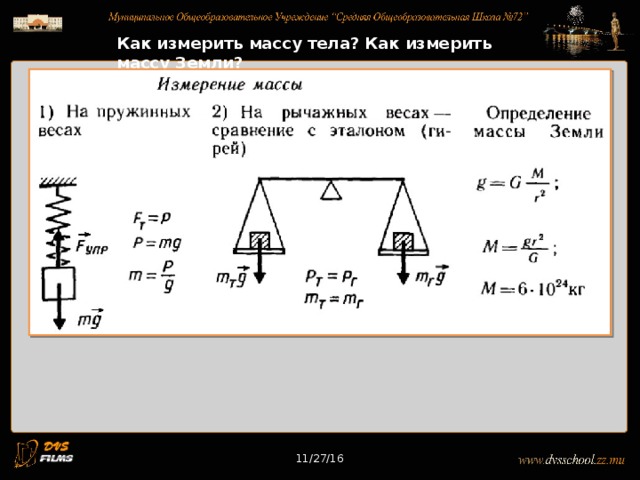 11/27/16 Как измерить массу тела? Как измерить массу Земли? 11/27/16 