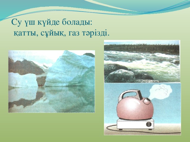 Су үш күйде болады:  қатты, сұйық, газ тәрізді. 