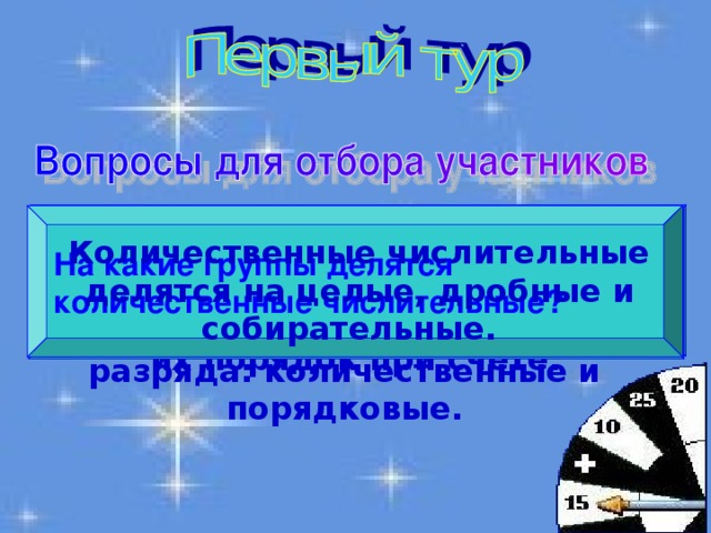 Что обозначает имя числительное? На какие группы делятся количественные числительные? Назовите разряды числительных Имя числительное обозначает число, количество предметов или их порядок при счёте. Количественные числительные делятся на целые, дробные и собирательные.  По значению и грамматическим признакам числительные делятся на два разряда: количественные и порядковые. 