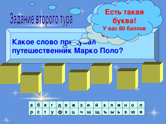 Есть такая буква! У вас 80 баллов Есть такая буква! У вас 40 баллов Нет такой буквы! Какое слово придумал путешественник Марко Поло? Н   Л М  И   О  Л  И й п о н м л и в а б з к г ж е д ы я ю Я э ь щ ъ р ш ч х ф у т с ц 