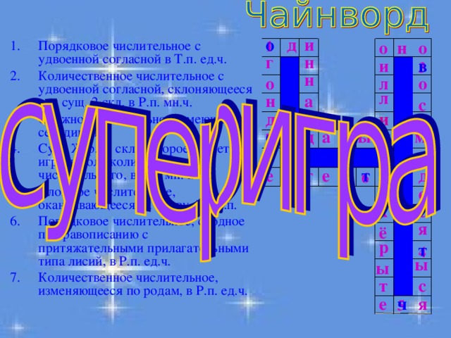 и о д о Порядковое числительное с удвоенной согласной в Т.п. ед.ч. Количественное числительное с удвоенной согласной, склоняющееся как сущ. 2 скл. в Р.п. мн.ч. Сложное числительное, имеющее в середине Ь. Сущ. Ж.р., 1 скл, которое может играть роль количественного числительного, в Р.п. мн.ч. Сложное числительное, оканчивающееся на букву А в Р.п. Порядковое числительное, сходное по правописанию с притяжательными прилагательными типа лисий, в Р.п. ед.ч. Количественное числительное, изменяющееся по родам, в Р.п. ед.ч. н о 1 н г в и 3 н о о л л а н с е и д д м м ы т а ц о 7 2 ь г р д о е ь т е т 6 с е с х я ё р т 4 ы ы с т е ч я 5 