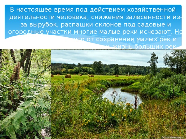 В настоящее время под действием хозяйственной деятельности человека, снижения залесенности из-за вырубок, распашки склонов под садовые и огородные участки многие малые реки исчезают. Но нельзя забывать, что от сохранения малых рек и ручьев зависит полноводие и жизнь больших рек. 