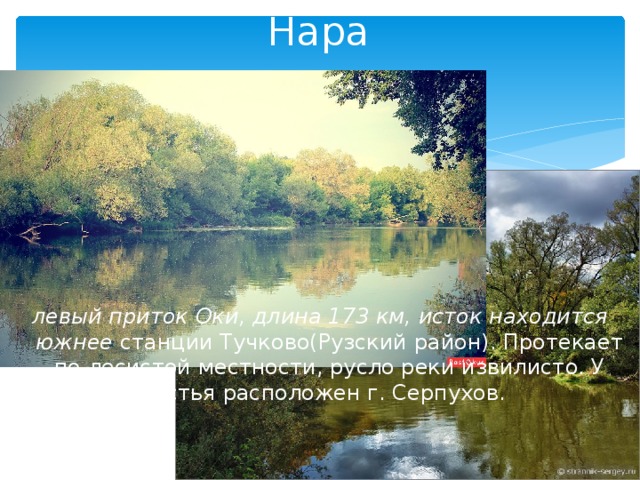 Нара левый приток Оки, длина 173 км, исток находится южнее станции Тучково(Рузский район). Протекает по лесистой местности, русло реки извилисто. У устья расположен г. Серпухов. 