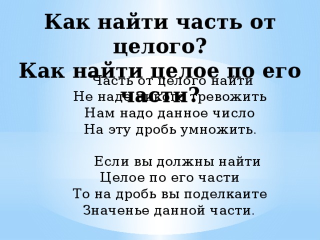 Как найти часть от целого?  Как найти целое по его части?  Часть от целого найти  Не надо никого тревожить  Нам надо данное число  На эту дробь умножить .  Если вы должны найти  Целое по его части  То на дробь вы поделкаите  Значенье данной части .  
