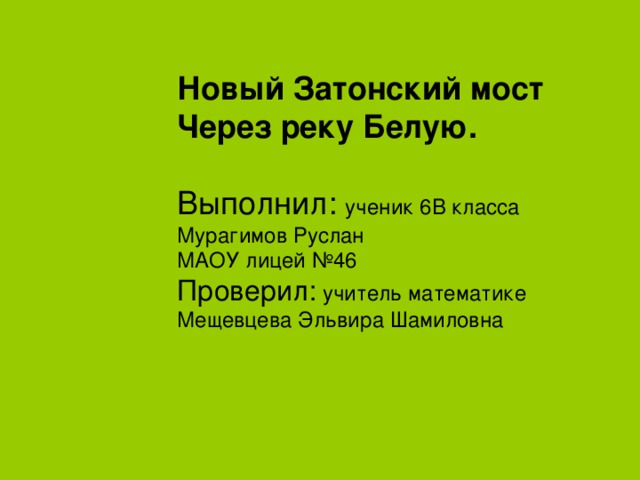 Новый Затонский мост Через реку Белую.  Выполнил: ученик 6 В класса Мурагимов Руслан МАОУ лицей №46 Проверил: учитель математике Мещевцева Эльвира Шамиловна 