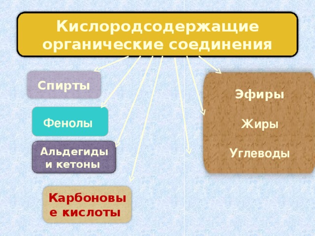 Кислородсодержащие органические соединения Спирты Эфиры  Жиры  Углеводы Фенолы  Альдегиды и кетоны Карбоновые кислоты 