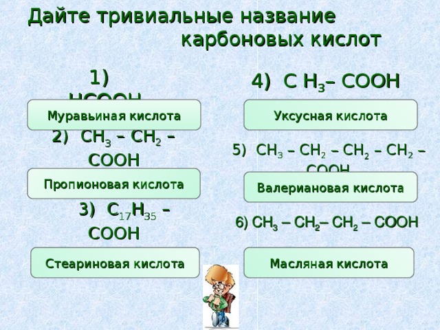 Дайте тривиальные название карбоновых кислот Дайте тривиальные название карбоновых кислот 1 )  HCOOH 4) С Н 3 – СООН Уксусная кислота Муравьиная кислота 2) CH 3 – CH 2 – COOH 5) CH 3 – CH 2  – CH 2 – CH 2  – COOH Пропионовая кислота Валериановая кислота  3) C 17 H 3 5 – COOH CH 3 – CH 2 – CH 2 – COOH Масляная кислота Стеариновая кислота 5 