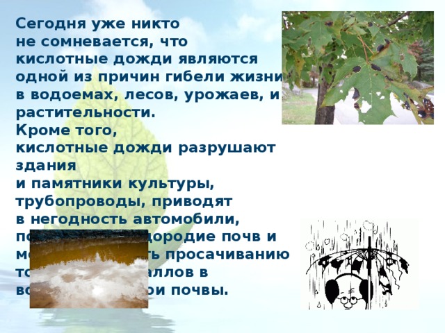 Сегодня уже никто не сомневается, что кислотные дожди являются одной из причин гибели жизни в водоемах, лесов, урожаев, и растительности. Кроме того, кислотные дожди разрушают здания и памятники культуры, трубопроводы, приводят в негодность автомобили, понижают плодородие почв и могут приводить просачиванию токсичных металлов в водоносные слои почвы. 