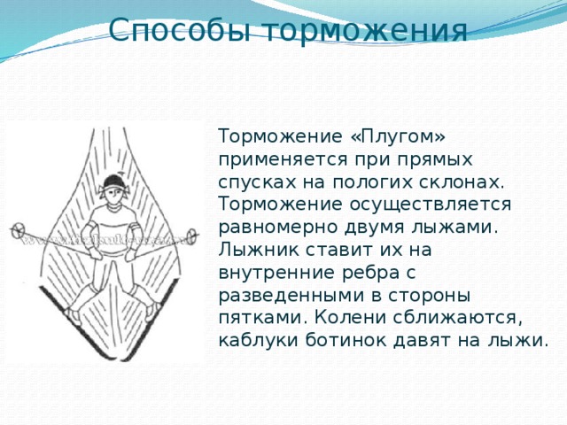 Способы торможения Торможение «Плугом» применяется при прямых спусках на пологих склонах. Торможение осуществляется равномерно двумя лыжами. Лыжник ставит их на внутренние ребра с разведенными в стороны пятками. Колени сближаются, каблуки ботинок давят на лыжи. 