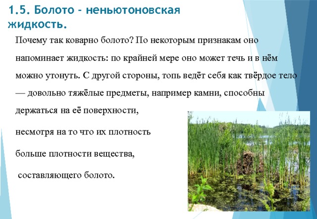 1.5. Болото - неньютоновская жидкость.   Почему так коварно болото? По некоторым признакам оно напоминает жидкость: по крайней мере оно может течь и в нём можно утонуть. С другой стороны, топь ведёт себя как твёрдое тело — довольно тяжёлые предметы, на­пример камни, способны держаться на её поверхности, не­смотря на то что их плотность больше плотности вещества,  составляющего болото. 
