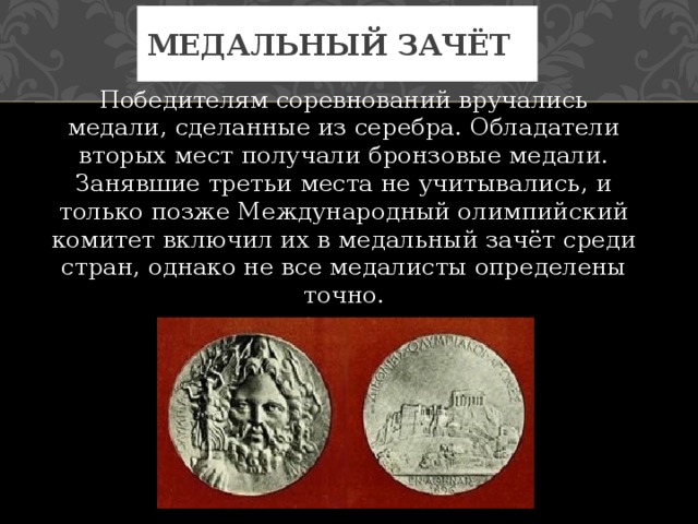 Медальный зачёт Победителям соревнований вручались медали, сделанные из серебра. Обладатели вторых мест получали бронзовые медали. Занявшие третьи места не учитывались, и только позже Международный олимпийский комитет включил их в медальный зачёт среди стран, однако не все медалисты определены точно. 