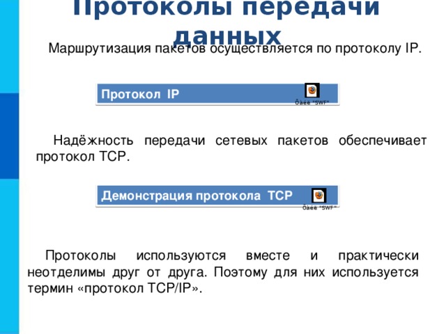 Протоколы передачи данных Маршрутизация пакетов осуществляется по протоколу IP. Протокол IP Надёжность передачи сетевых пакетов обеспечивает протокол TCP. Демонстрация протокола TCP Протоколы используются вместе и практически неотделимы друг от друга. Поэтому для них используется термин «протокол TCP/IP». 