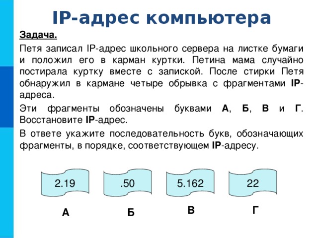 IP-адрес компьютера Задача.  Петя записал IP-адрес школьного сервера на листке бумаги и положил его в карман куртки. Петина мама случайно постирала куртку вместе с запиской. После стирки Петя обнаружил в кармане четыре обрывка с фрагментами IP -адреса. Эти фрагменты обозначены буквами А , Б , В и Г . Восстановите IP -адрес. В ответе укажите последовательность букв, обозначающих фрагменты, в порядке, соответствующем IP -адресу. 2.19 .50 5.162 22 В Г А Б 