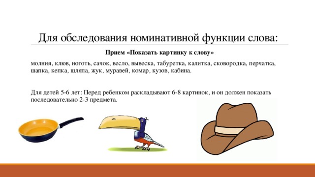 Для обследования номинативной функции слова: Прием «Показать картинку к слову» молния, клюв, ноготь, сачок, весло, вывеска, табуретка, калитка, сковородка, перчатка, шапка, кепка, шляпа, жук, муравей, комар, кузов, кабина. Для детей 5-6 лет: Перед ребенком раскладывают 6-8 картинок, и он должен показать последовательно 2-3 предмета. 