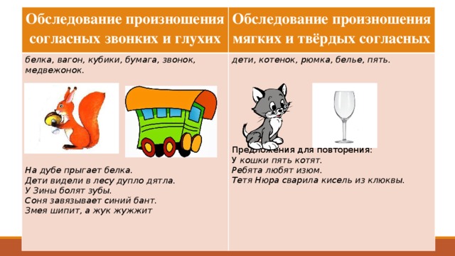 Обследование произношения согласных звонких и глухих Обследование произношения мягких и твёрдых согласных белка, вагон, кубики, бумага, звонок, медвежонок. дети, котенок, рюмка, белье, пять.         Предложения для повторения: На дубе прыгает белка. Дети видели в лесу дупло дятла. У  кошки пять котят. Ребята любят изюм. У Зины болят зубы. Соня завязывает синий бант. Тетя Нюра сварила кисель из клюквы. Змея шипит, а жук жужжит  
