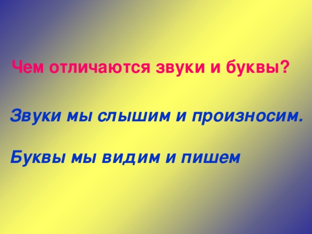 Чем отличаются звуки и буквы? Звуки мы слышим и произносим.  Буквы мы видим и пишем 