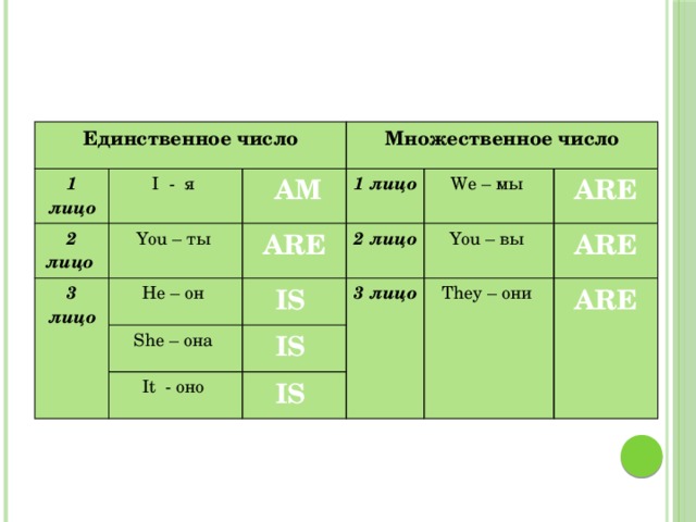 Единственное число 1 лицо I - я 2 лицо Множественное число  AM 3 лицо You – ты 1 лицо He – он ARE 2 лицо She – она We – мы IS  It - оно ARE 3 лицо IS You – вы  They – они ARE IS ARE 